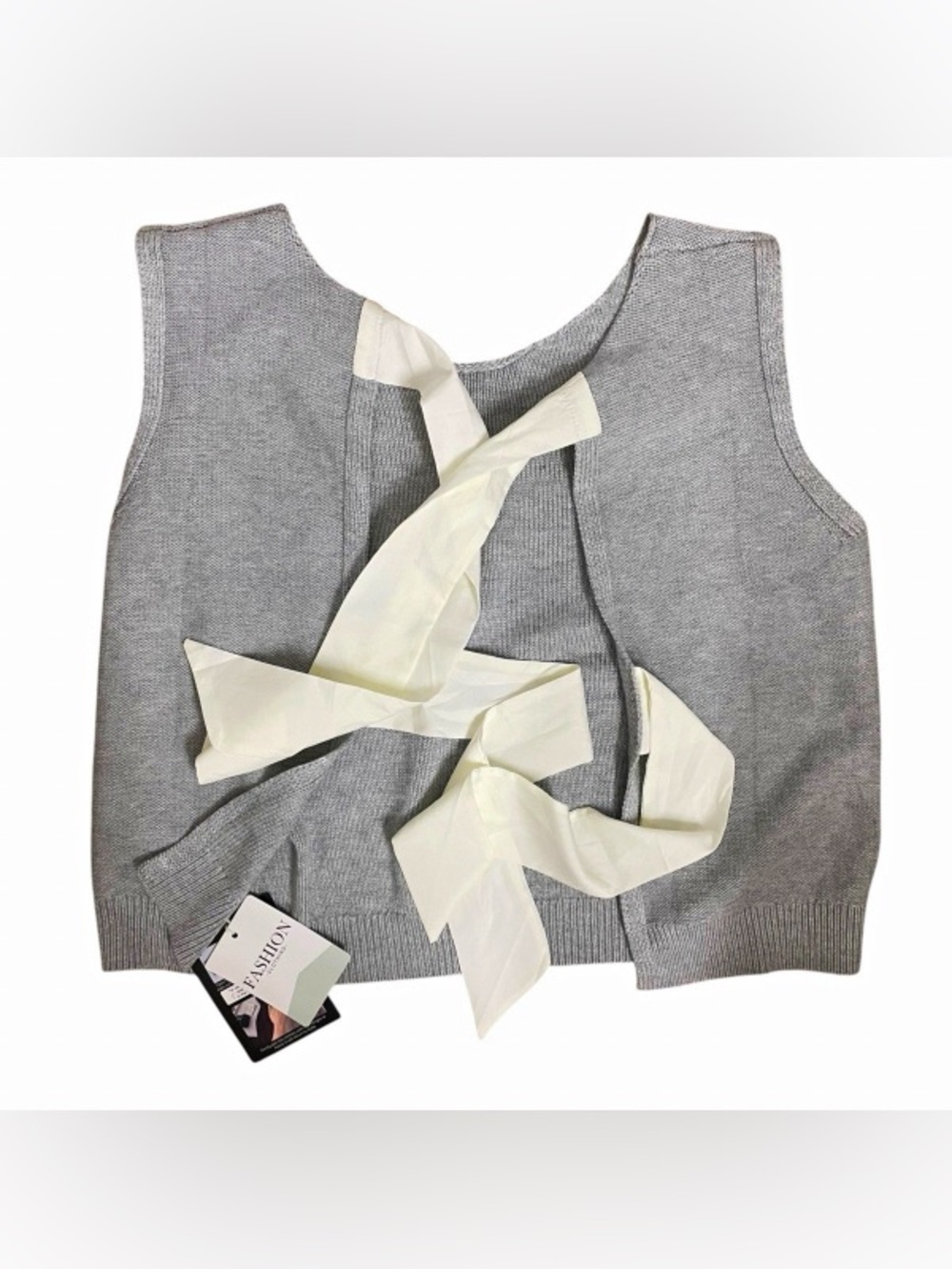 Women's Gray Knit Sweater Vest Scoop Neck Sleeveless White Bow Solid Size S